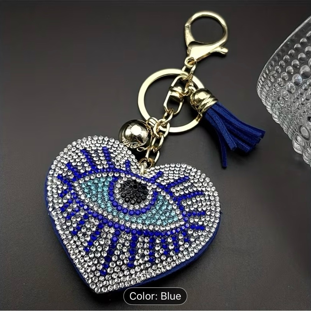 Blue/silver rhinestone Evil Eye Heart Keychain - Picture 1 of 4